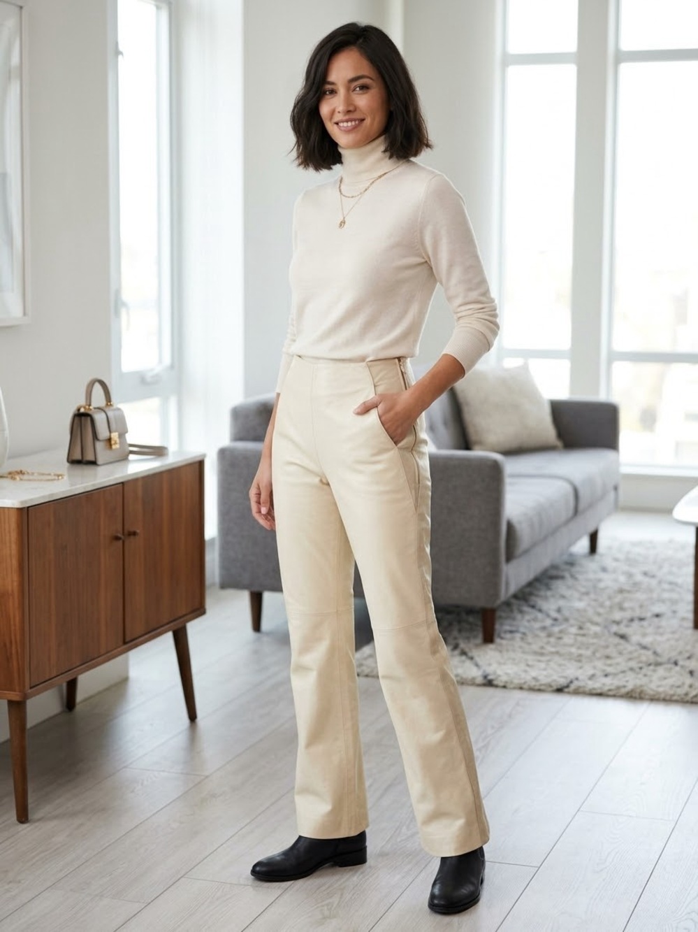 Vintage EPISODE Cream Leather Pants Women’s Size 4 High Rise Straight Leg